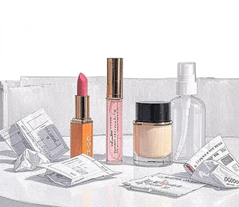 Illustration of personal care products including lipstick, lip gloss, and skincare containers