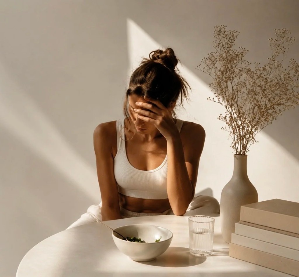 Woman in athletic wear sitting at a table with a small bowl of greens, hand on forehead in exhaustion